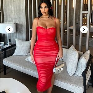 Fashion Nova Red Sheer Midi Bodycon Dress